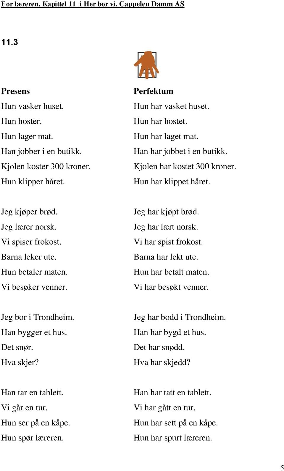 Jeg har kjøpt brød. Jeg har lært norsk. Vi har spist frokost. Barna har lekt ute. Hun har betalt maten. Vi har besøkt venner. Jeg bor i Trondheim. Han bygger et hus. Det snør. Hva skjer?