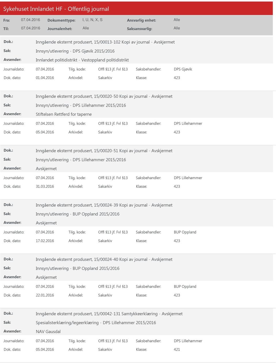 2016 Arkivdel: Sakarkiv 423 Inngående eksternt produsert, 15/00020-51 Kopi av journal - Innsyn/utlevering - DPS Lillehammer 2015/2016 DPS Lillehammer Dok. dato: 31.03.