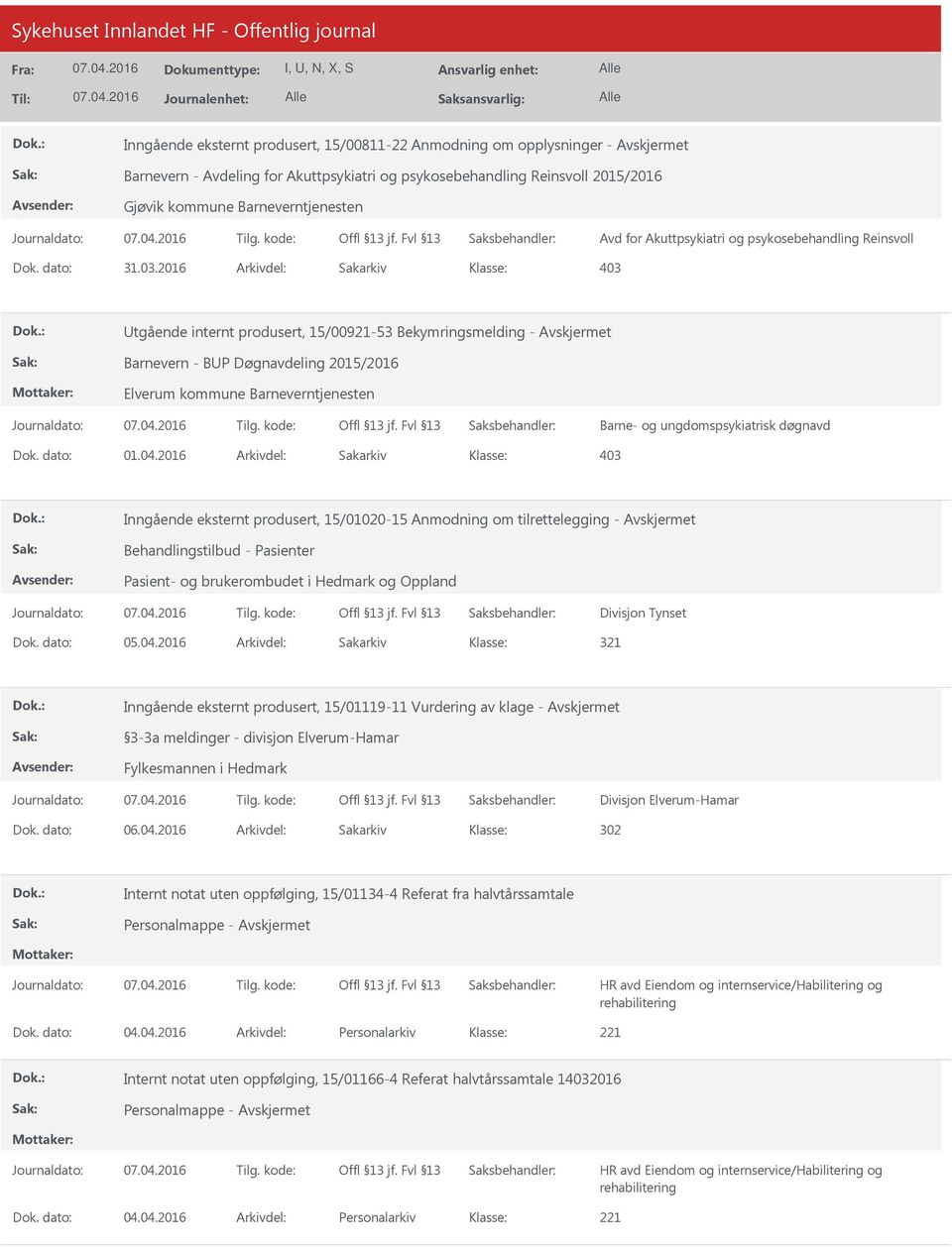 2016 Arkivdel: Sakarkiv 403 tgående internt produsert, 15/00921-53 Bekymringsmelding - Barnevern - BP Døgnavdeling 2015/2016 Elverum kommune Barneverntjenesten Barne- og ungdomspsykiatrisk døgnavd