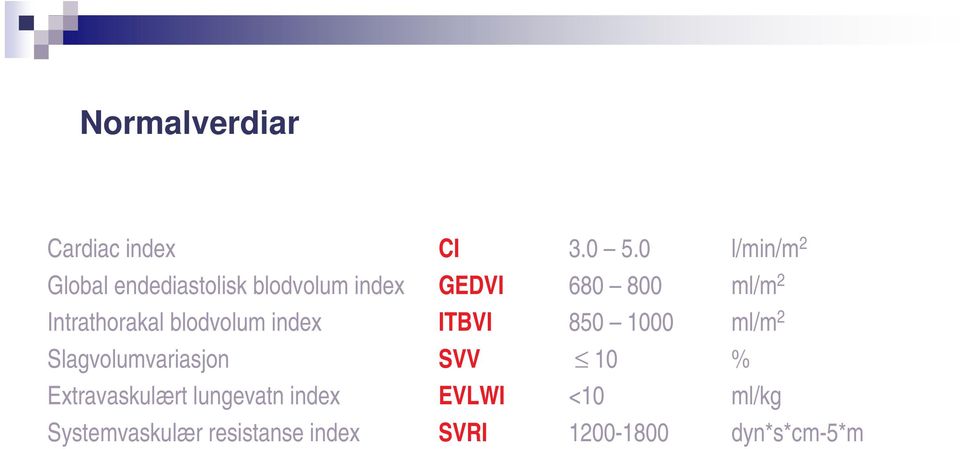 Intrathorakal blodvolum index ITBVI 850 1000 ml/m 2 Slagvolumvariasjon SVV 10 %