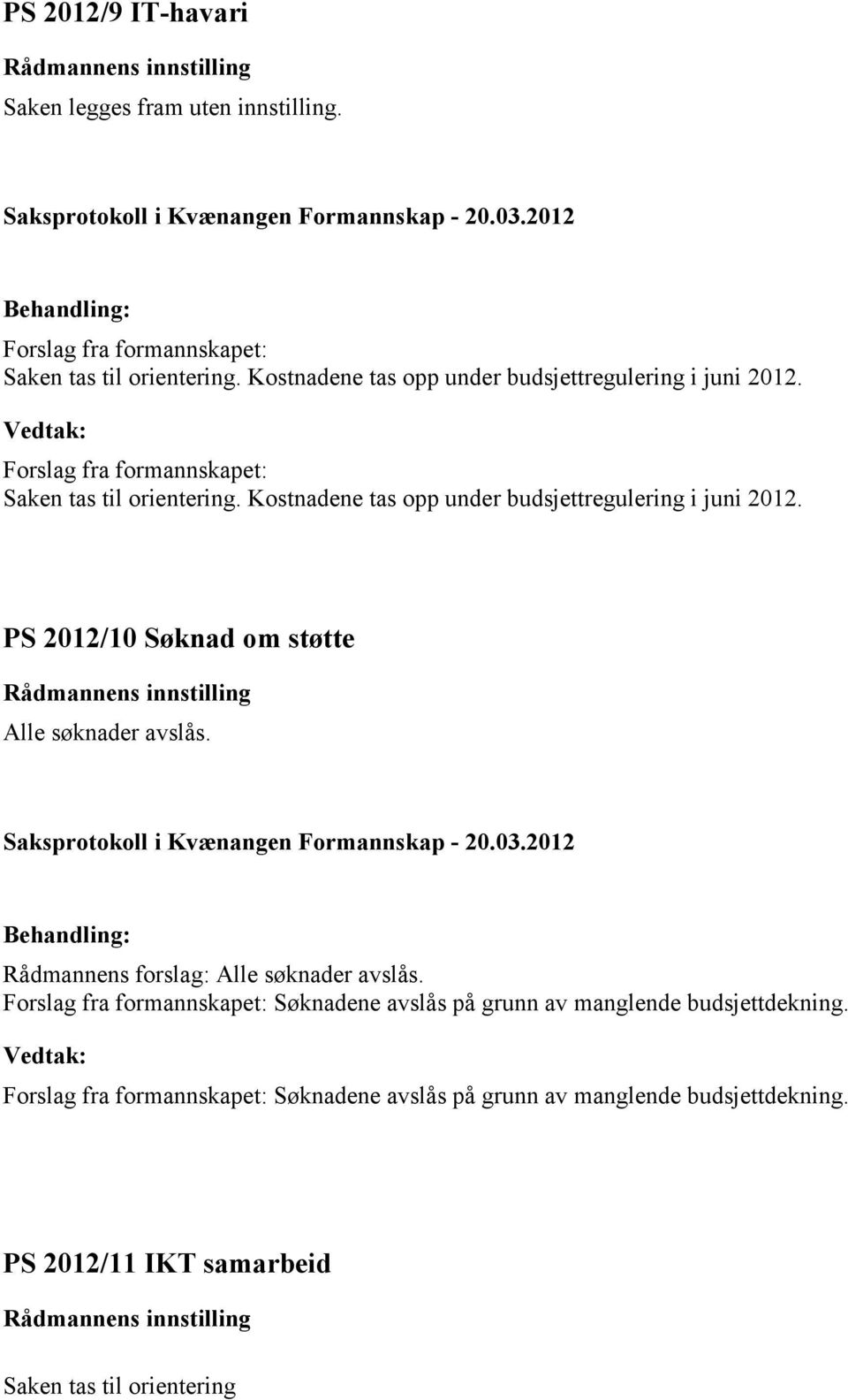 Kostnadene tas opp under budsjettregulering i juni 2012. PS 2012/10 Søknad om støtte Alle søknader avslås.