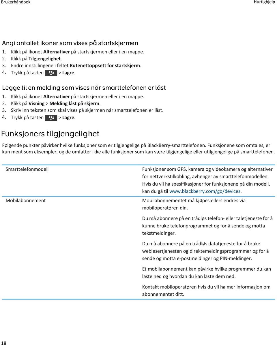 Klikk på ikonet Alternativer på startskjermen eller i en mappe. 2. Klikk på Visning > Melding låst på skjerm. 3. Skriv inn teksten som skal vises på skjermen når smarttelefonen er låst. 4.