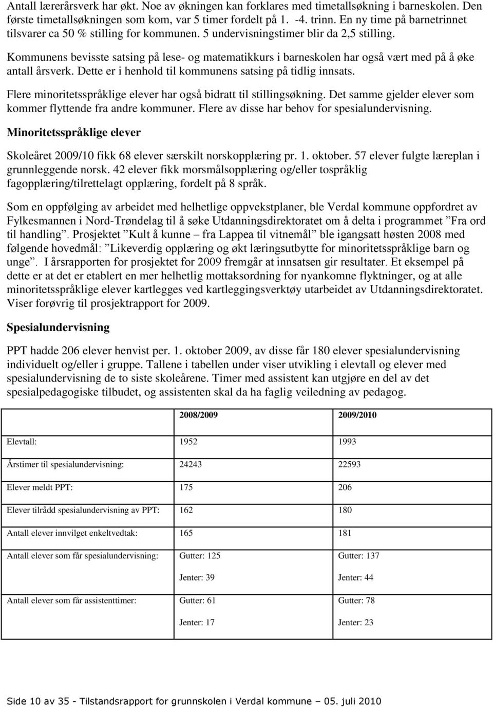 Kommunens bevisste satsing på lese- og matematikkurs i barneskolen har også vært med på å øke antall årsverk. Dette er i henhold til kommunens satsing på tidlig innsats.