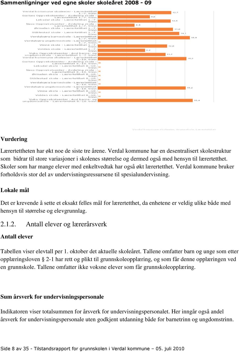 Skoler som har mange elever med enkeltvedtak har også økt lærertetthet. Verdal kommune bruker forholdsvis stor del av undervisningsressursene til spesialundervisning.