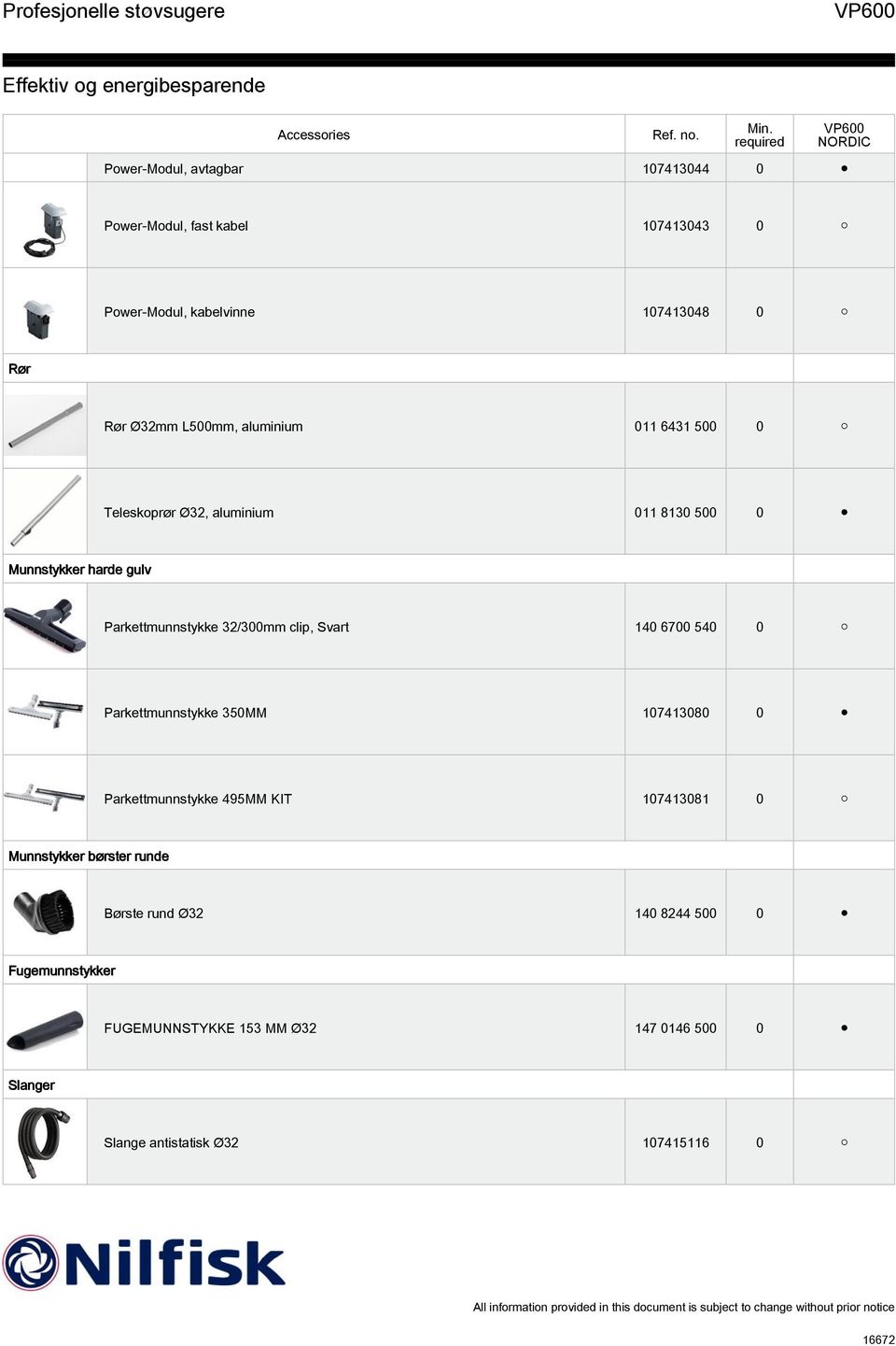 clip, Svart 140 6700 540 0 Parkettmunnstykke 350MM 107413080 0 Parkettmunnstykke 495MM KIT 107413081 0 Munnstykker børster