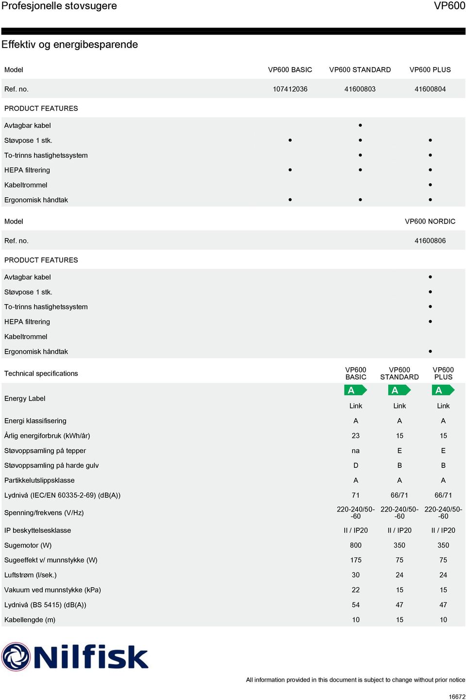 To-trinns hastighetssystem HEPA filtrering Kabeltrommel Ergonomisk håndtak Technical specifications BASIC PLUS Energy Label Link Link Link Energi klassifisering A A A Årlig energiforbruk (kwh/år) 23