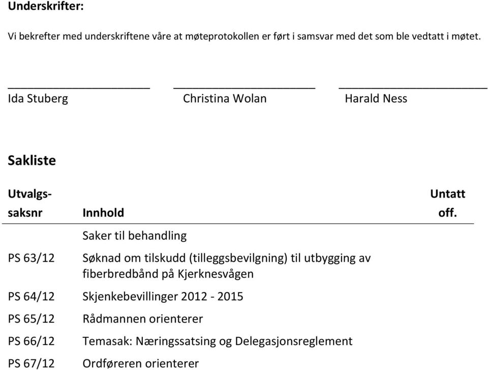 Ida Stuberg Christina Wolan Harald Ness Sakliste Utvalgssaksnr PS 63/12 Innhold Saker til behandling Søknad om tilskudd