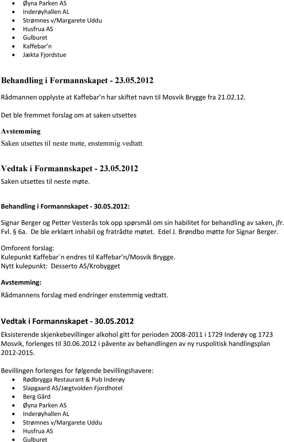 Vedtak i Formannskapet - 23.05.2012 Saken utsettes til neste møte. Behandling i Formannskapet - 30.05.2012: Signar Berger og Petter Vesterås tok opp spørsmål om sin habilitet for behandling av saken, jfr.