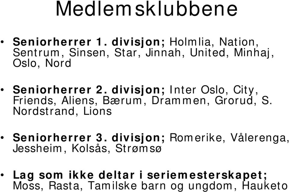 Seniorherrer 2. divisjon; Inter Oslo, City, Friends, Aliens, Bærum, Drammen, Grorud, S.