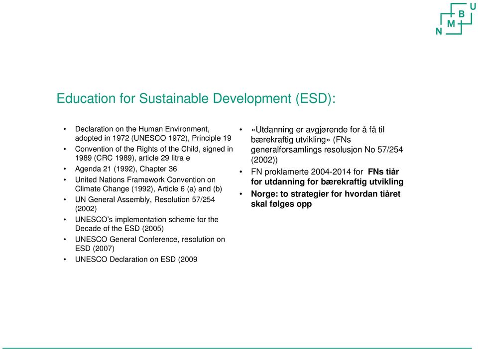 s implementation scheme for the Decade of the ESD (2005) UNESCO General Conference, resolution on ESD (2007) UNESCO Declaration on ESD (2009 «Utdanning er avgjørende for å få til bærekraftig