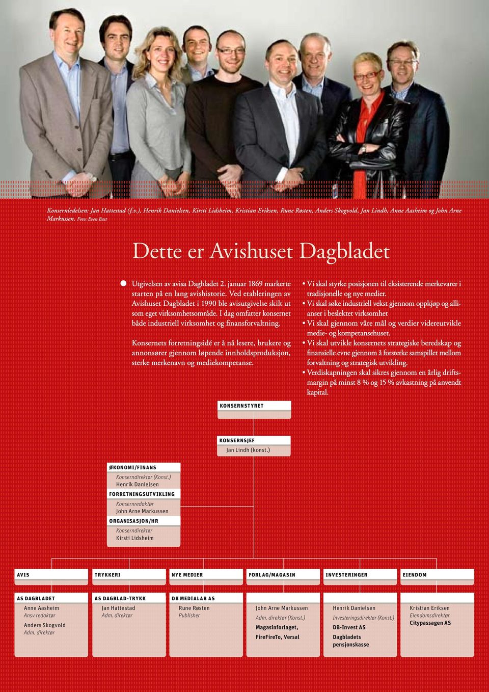 Ved etableringen av Avishuset Dagbladet i 1990 ble avisutgivelse skilt ut som eget virksomhetsområde. I dag omfatter konsernet både industriell virksomhet og finansforvaltning.