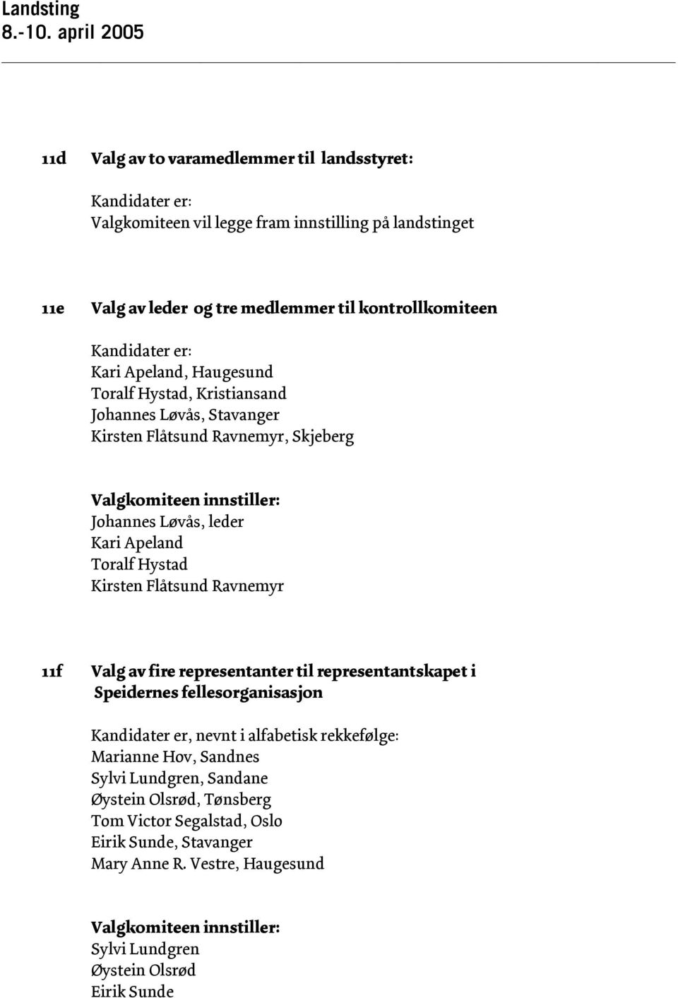 Løvås, leder Kari Apeland Toralf Hystad Kirsten Flåtsund Ravnemyr 11f Valg av fire representanter til representantskapet i Speidernes fellesorganisasjon