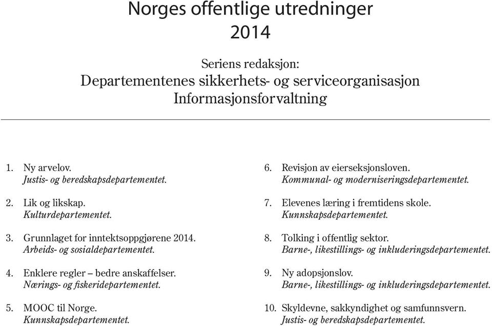 Kunnskapsdepartementet. 6. Revisjon av eierseksjonsloven. Kommunal- og moderniseringsdepartementet. 7. Elevenes læring i fremtidens skole. Kunnskapsdepartementet. 8. Tolking i offentlig sektor.