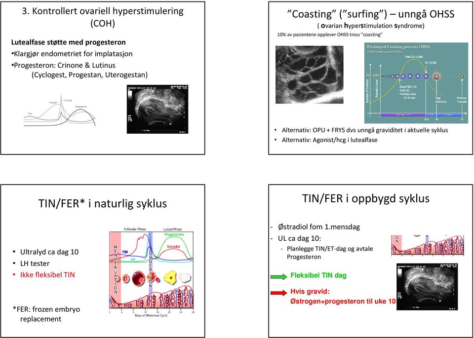 unngå graviditet i aktuelle syklus Alternativ: Agonist/hcg i lutealfase TIN/FER* i naturlig syklus TIN/FER i oppbygd syklus Ultralyd ca dag 10 LH tester Ikke fleksibel
