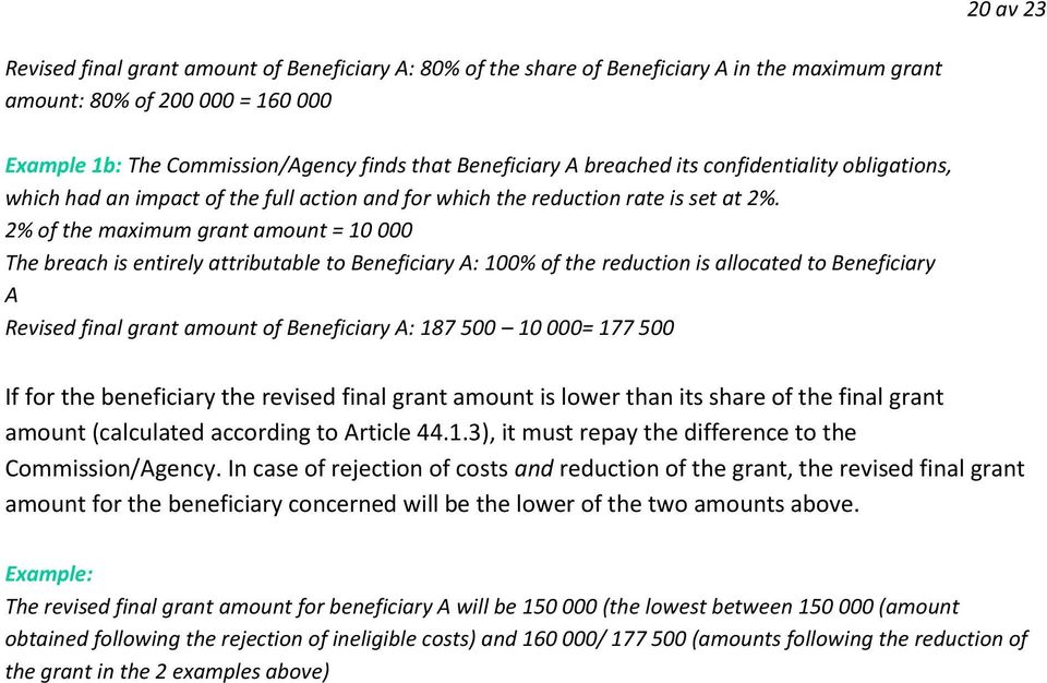 2% of the maximum grant amount = 10 000 The breach is entirely attributable to Beneficiary A: 100% of the reduction is allocated to Beneficiary A Revised final grant amount of Beneficiary A: 187 500