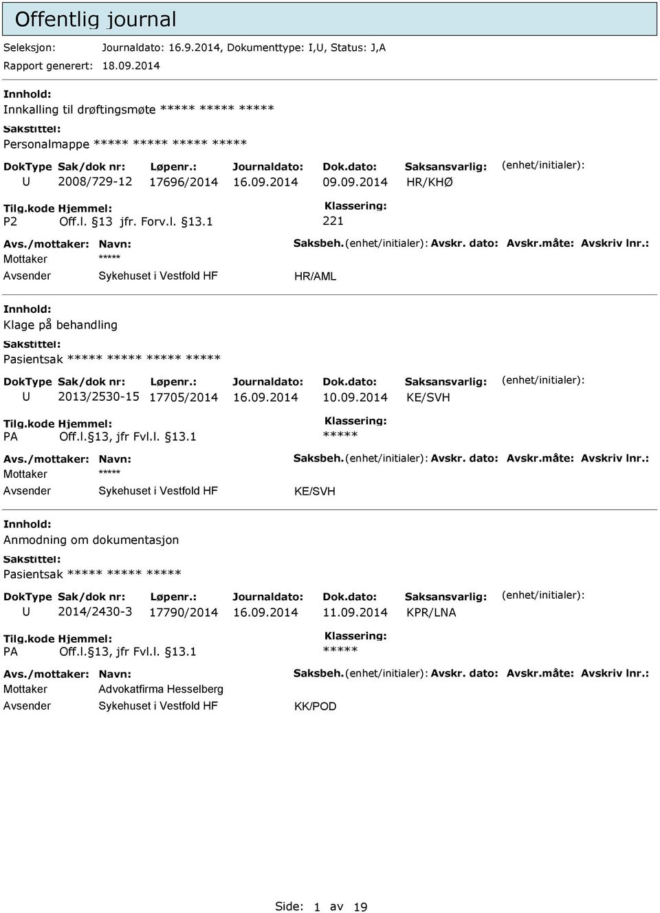 : Mottaker Klage på behandling Pasientsak 2013/2530-15 17705/2014 10.09.2014 KE/SVH Avs./mottaker: Navn: Saksbeh. Avskr. dato: Avskr.