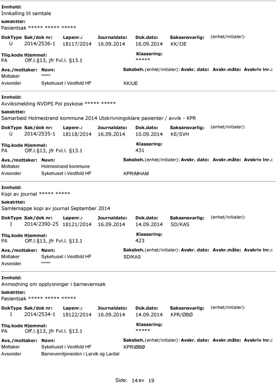 Avskr. dato: Avskr.måte: Avskriv lnr.: Mottaker Holmestrand kommune KPR/MHAM Kopi av journal Samlemappe kopi av journal September 2014 2014/2390-25 18121/2014 14.09.2014 SD/KAS 423 Avs.