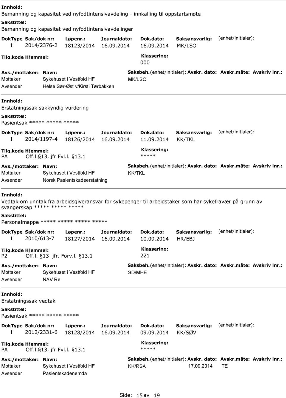 : MK/LSO Helse Sør-Øst v/kirsti Tørbakken Erstatningssak sakkyndig vurdering Pasientsak 2014/1197-4 18126/2014 KK/TKL Avs./mottaker: Navn: Saksbeh.