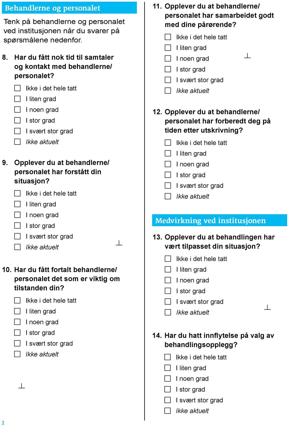 Har du fått fortalt behandlerne/ personalet det som er viktig om tilstanden din? 11. Opplever du at behandlerne/ personalet har samarbeidet godt med dine pårørende? 12.