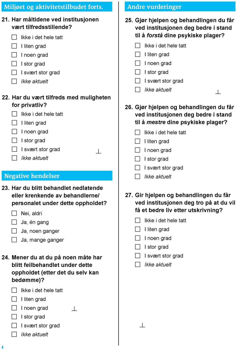 Mener du at du på noen måte har blitt feilbehandlet under dette oppholdet (etter det du selv kan bedømme)? Andre vurderinger 25.