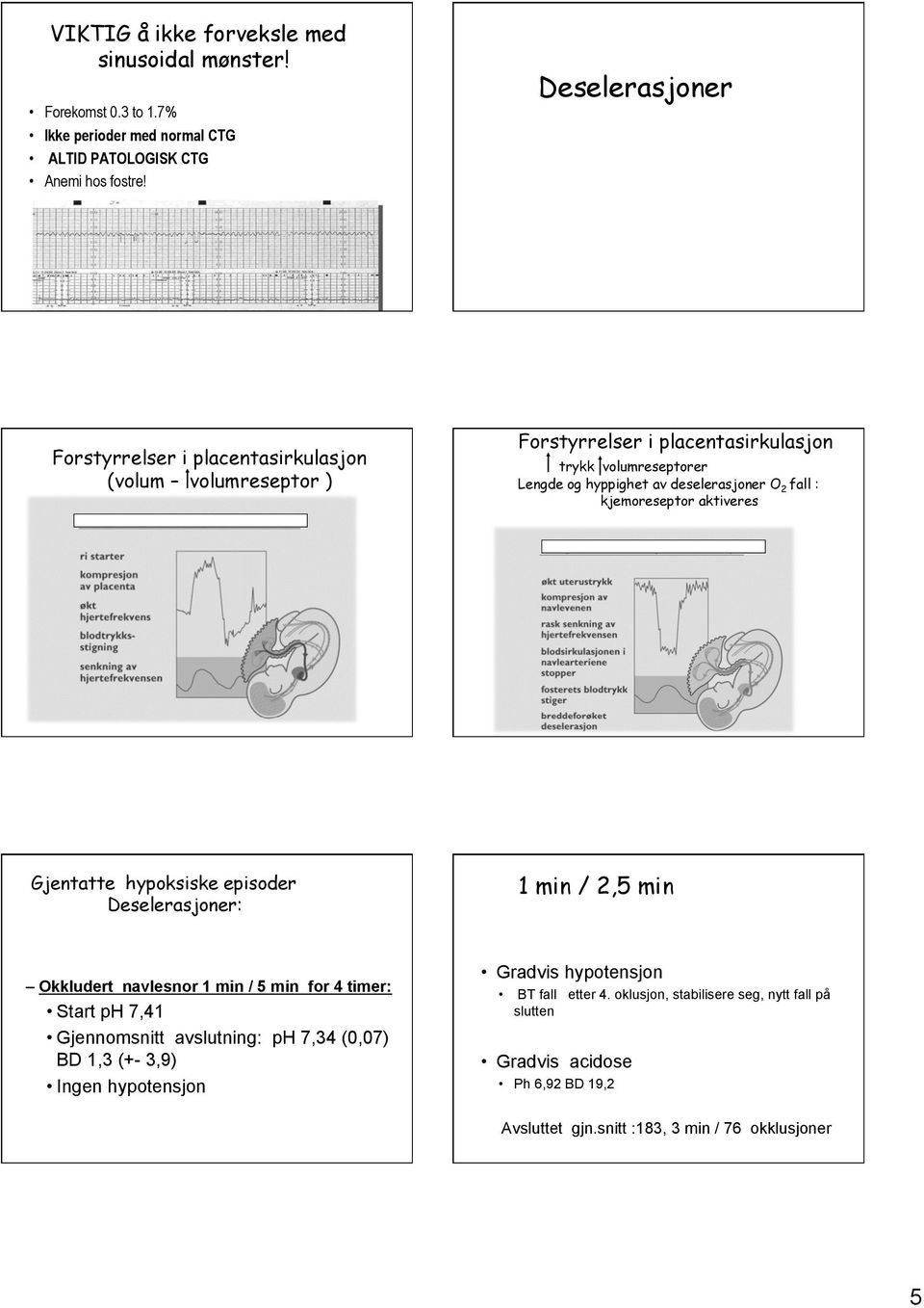 fall : kjemoreseptor aktiveres Gjentatte hypoksiske episoder Deselerasjoner: 1 min / 2,5 min Okkludert navlesnor 1 min / 5 min for 4 timer: Start ph 7,41 Gjennomsnitt