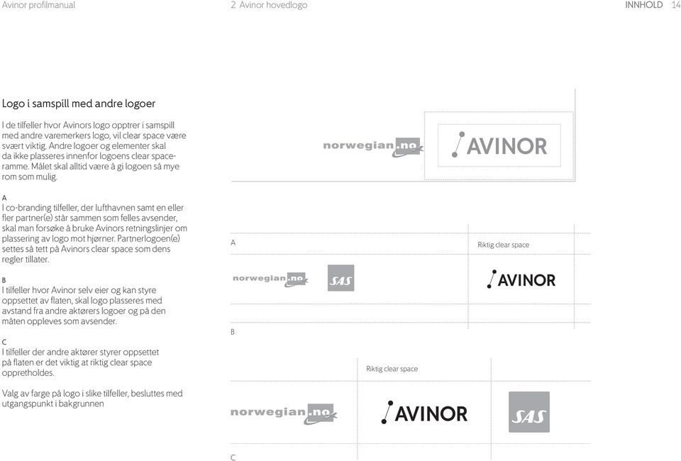 A I co-branding tilfeller, der lufthavnen samt en eller fler partner(e) står sammen som felles avsender, skal man forsøke å bruke Avinors retningslinjer om plassering av logo mot hjørner.