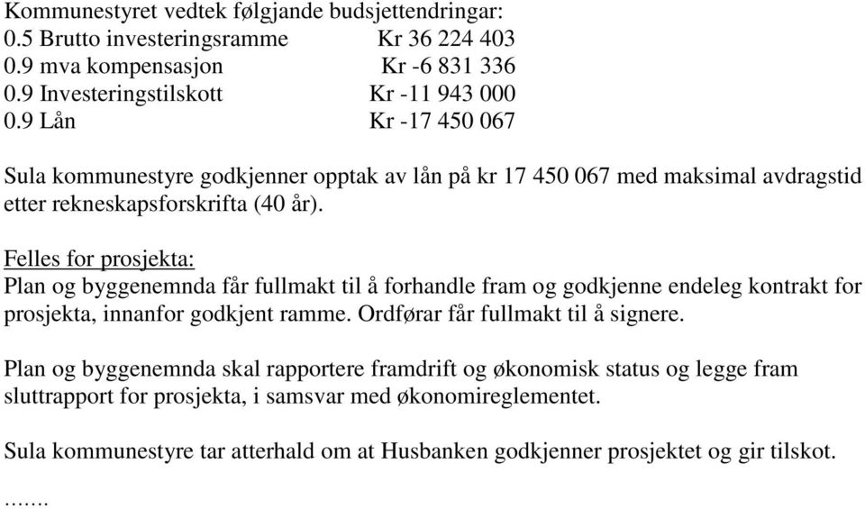 Felles for prosjekta: Plan og byggenemnda får fullmakt til å forhandle fram og godkjenne endeleg kontrakt for prosjekta, innanfor godkjent ramme.