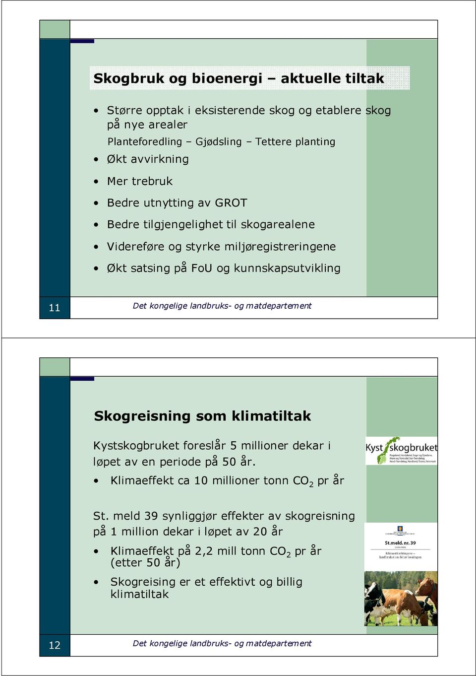 Skogreisning som klimatiltak Kystskogbruket foreslår 5 millioner dekar i løpet av en periode på 50 år. Klimaeffekt ca 10 millioner tonn CO 2 pr år St.