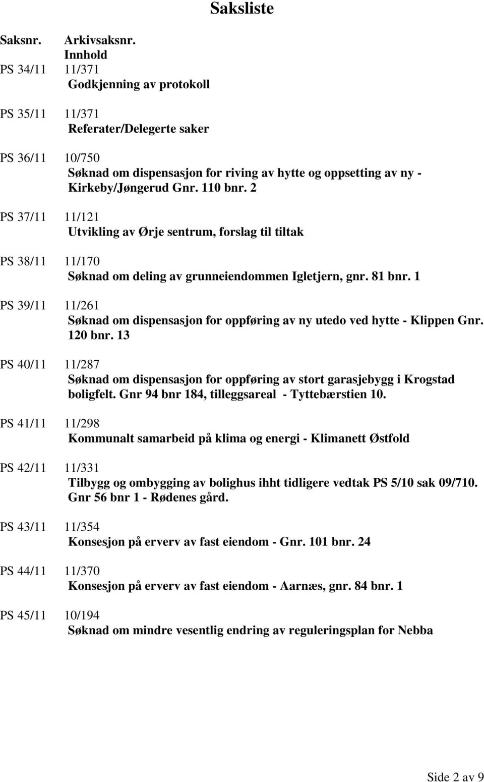 Gnr. 110 bnr. 2 PS 37/11 11/121 Utvikling av Ørje sentrum, forslag til tiltak PS 38/11 11/170 Søknad om deling av grunneiendommen Igletjern, gnr. 81 bnr.