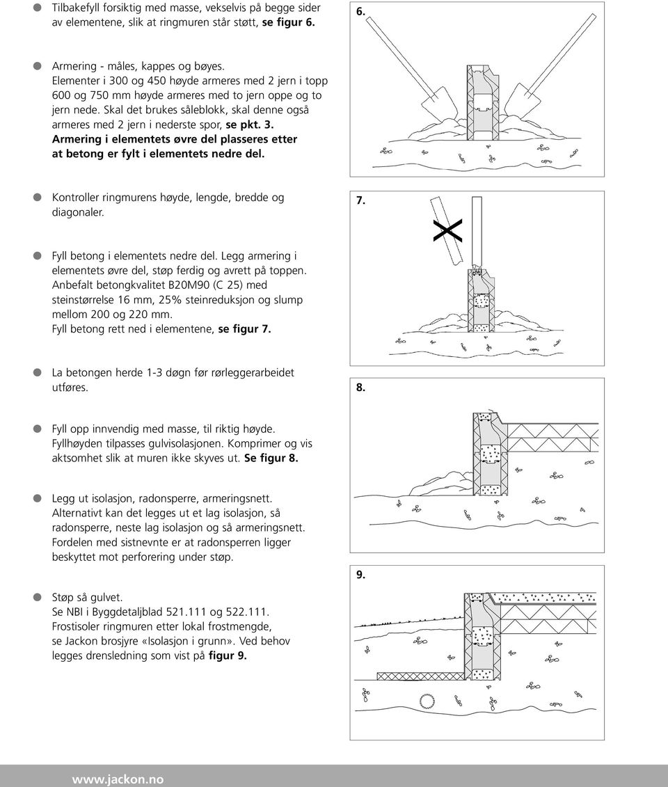 Skal det brukes såleblokk, skal denne også armeres med 2 jern i nederste spor, se pkt. 3. Armering i elementets øvre del plasseres etter at betong er fylt i elementets nedre del.