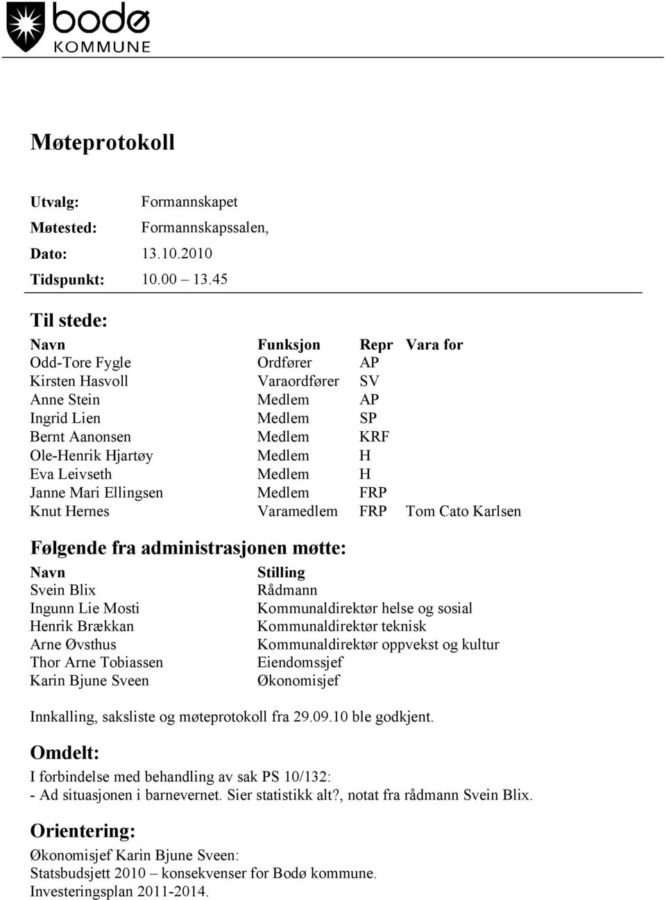 Eva Leivseth Medlem H Janne Mari Ellingsen Medlem FRP Knut Hernes Varamedlem FRP Tom Cato Karlsen Følgende fra administrasjonen møtte: Navn Svein Blix Ingunn Lie Mosti Henrik Brækkan Arne Øvsthus