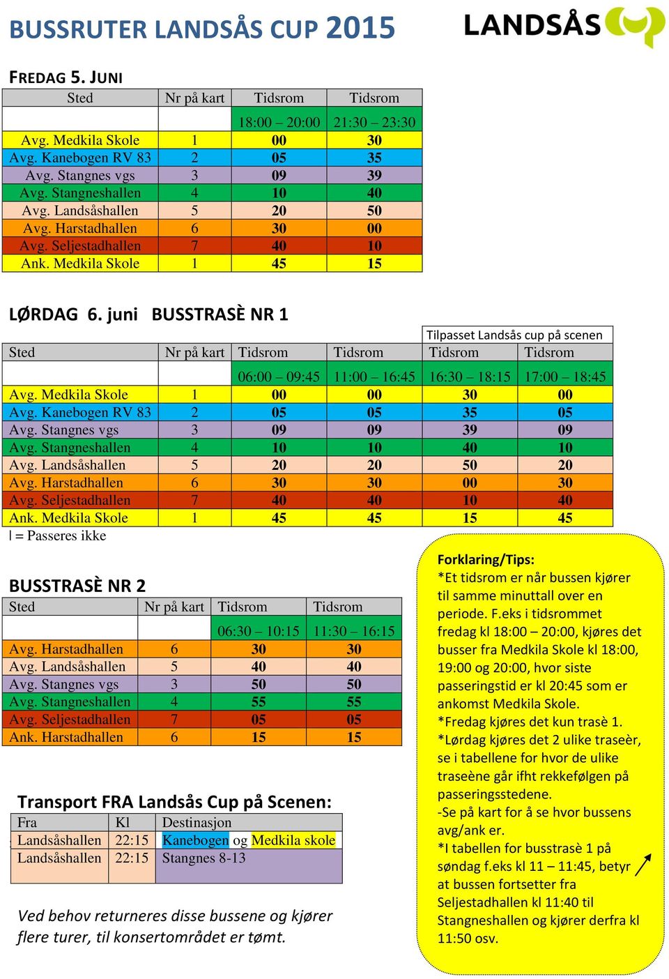 juni BUSSTRASÈ NR 1 Tilpasset Landsås cup på scenen Sted Nr på kart Tidsrom Tidsrom Tidsrom Tidsrom 06:00 09:45 11:00 16:45 16:30 18:15 17:00 18:45 Avg. Medkila Skole 1 00 00 30 00 Avg.