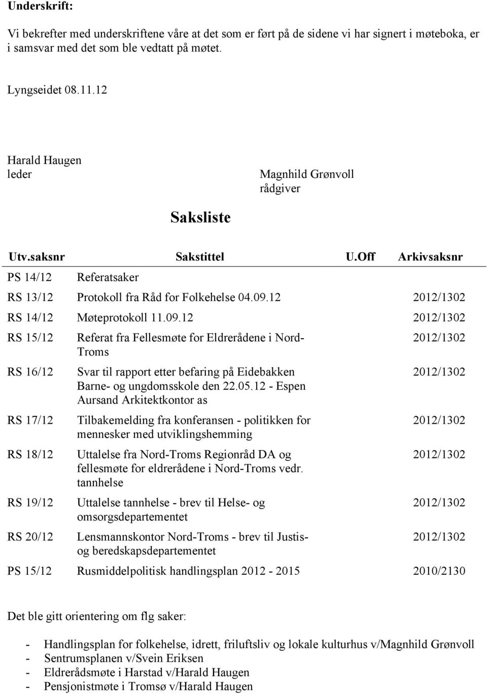 09.12 RS 15/12 RS 16/12 RS 17/12 RS 18/12 RS 19/12 RS 20/12 Referat fra Fellesmøte for Eldrerådene i Nord- Troms Svar til rapport etter befaring på Eidebakken Barne- og ungdomsskole den 22.05.