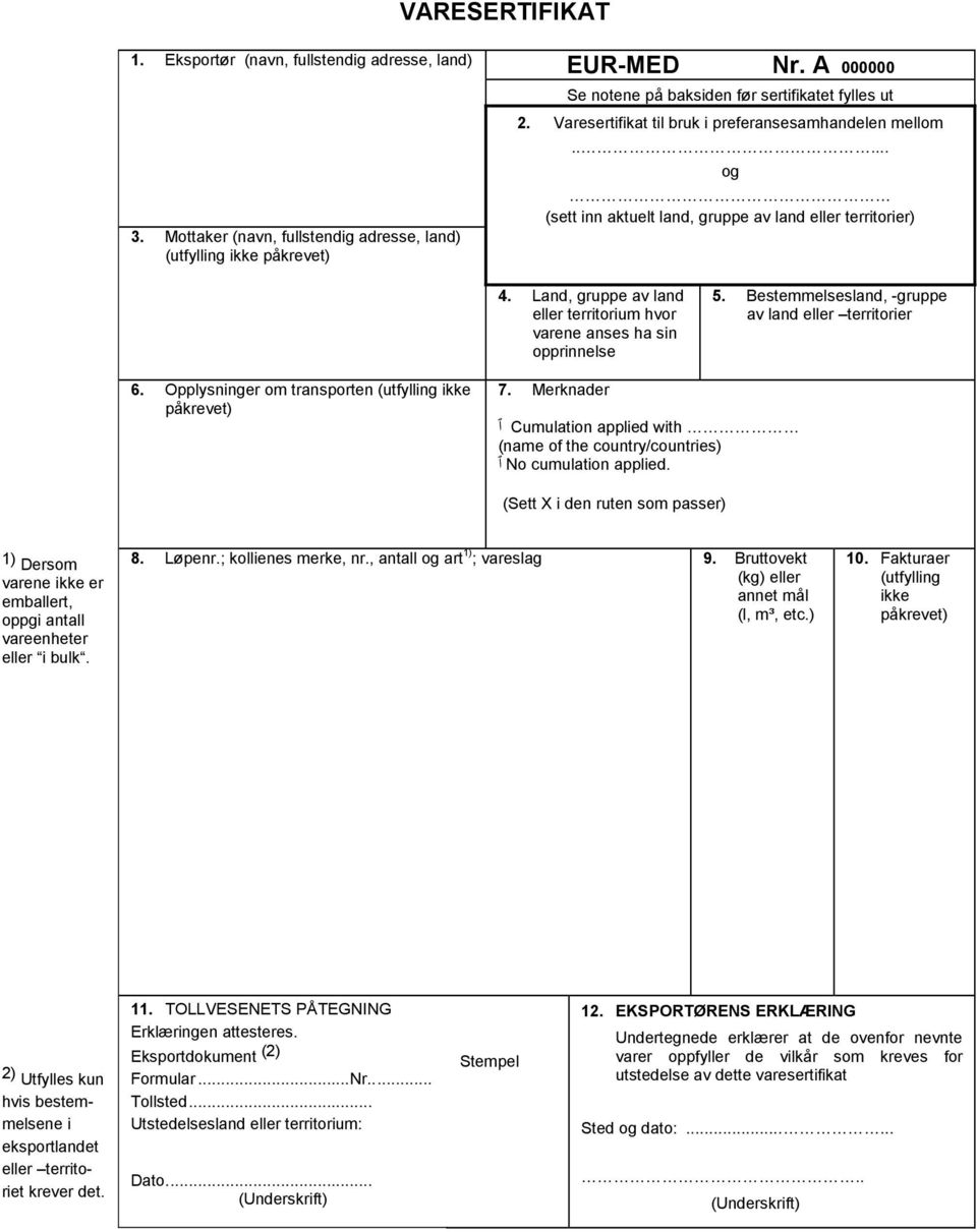Land, gruppe av land eller territorium hvor varene anses ha sin opprinnelse 5. Bestemmelsesland, -gruppe av land eller territorier 6. Opplysninger om transporten (utfylling ikke 7.