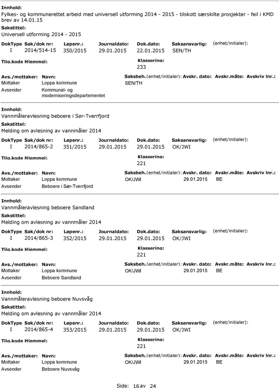 : SEN/TH Avsender Kommunal- og moderniseringsdepartementet nnhold: Vannmåleravlesning beboere i Sør-Tverrfjord Melding om avlesning av vannmåler 2014 2014/865-2 351/2015 OK/JW 221 Avs.