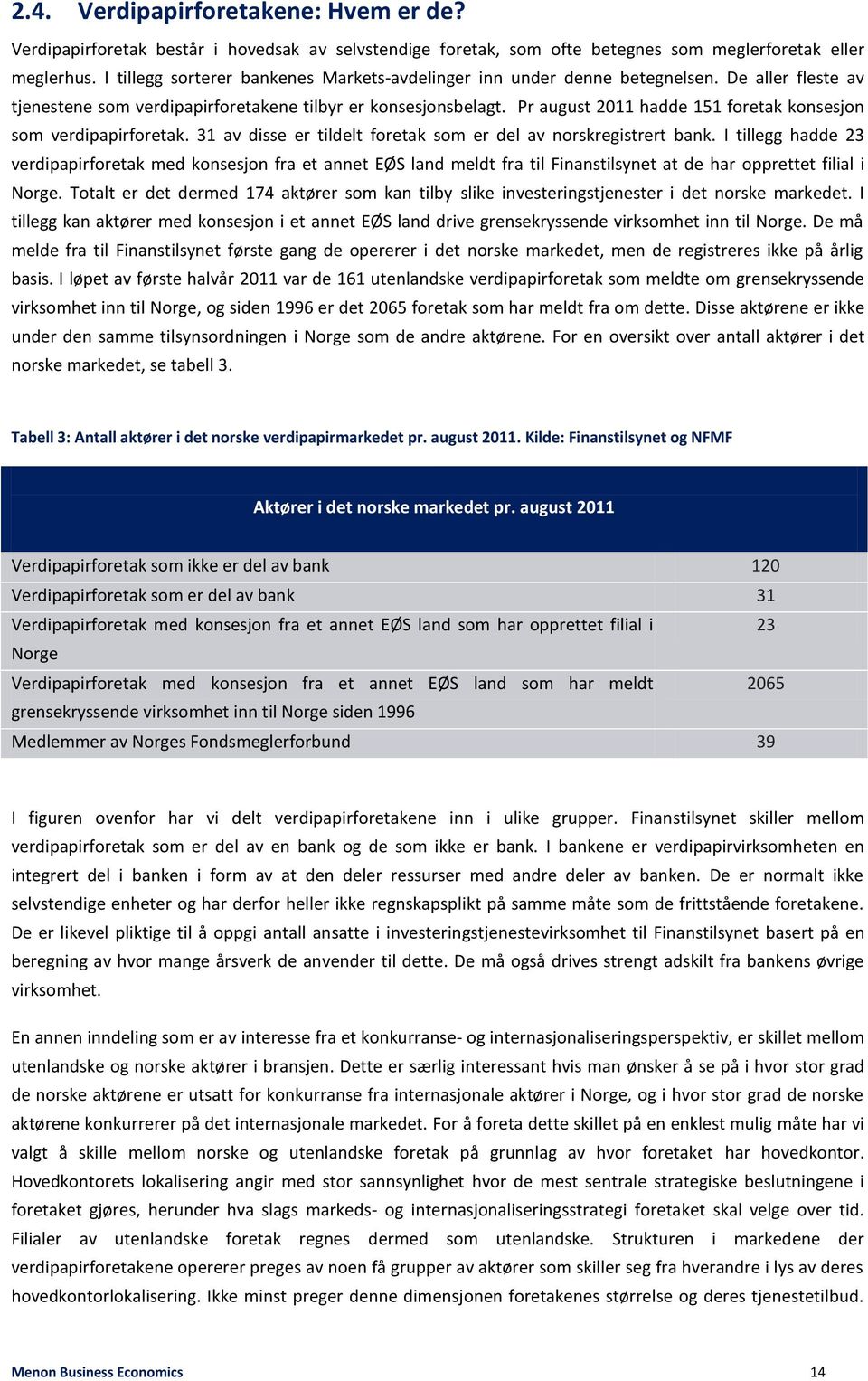 Pr august 2011 hadde 151 foretak konsesjon som verdipapirforetak. 31 av disse er tildelt foretak som er del av norskregistrert bank.