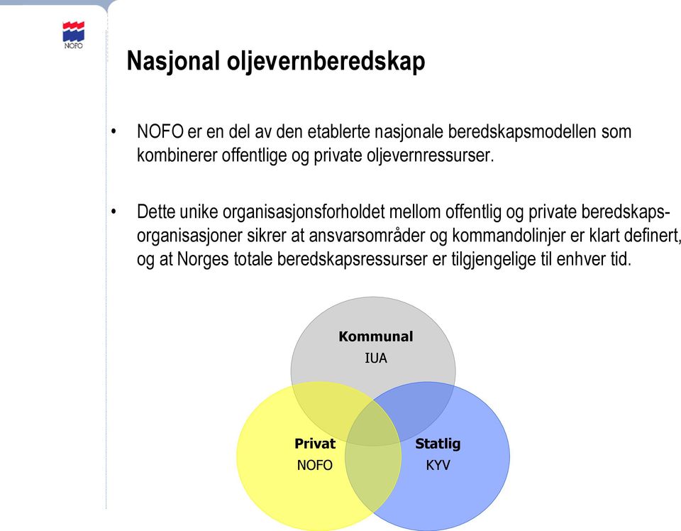 Dette unike organisasjonsforholdet mellom offentlig og private beredskapsorganisasjoner sikrer at