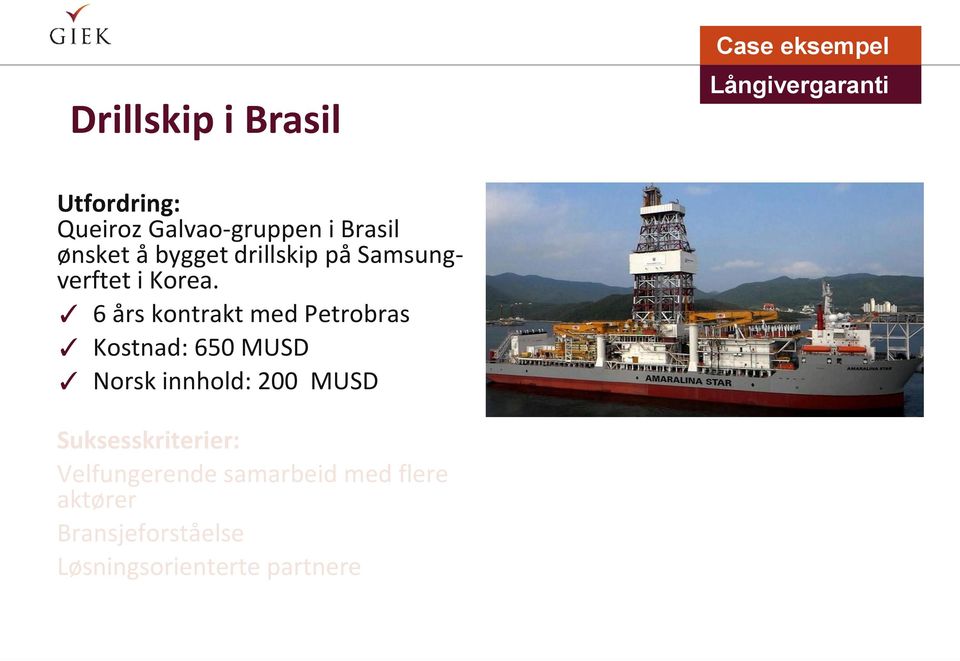 6 års kontrakt med Petrobras Kostnad: 650 MUSD Norsk innhold: 200 MUSD