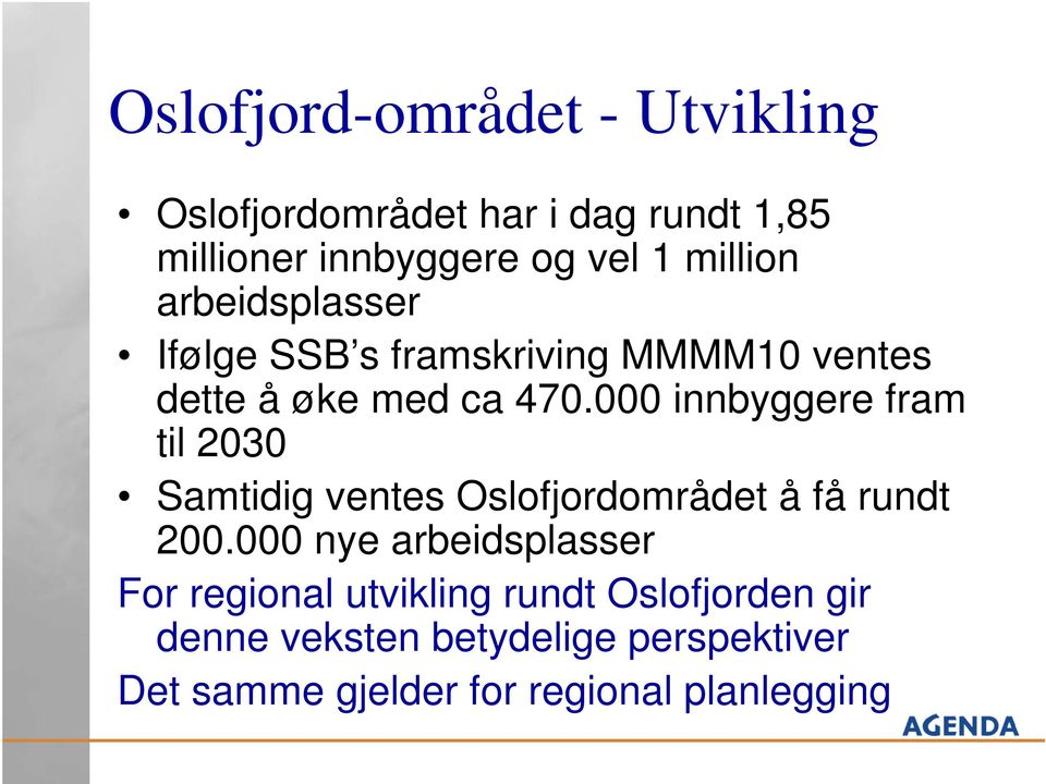 000 innbyggere fram til 2030 Samtidig ventes Oslofjordområdet å få rundt 200.