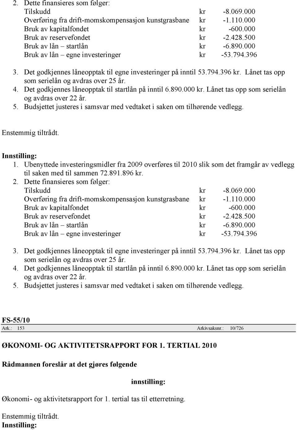 Lånet tas opp som serielån og avdras over 25 år. 4. Det godkjennes låneopptak til startlån på inntil 6.890.000 kr. Lånet tas opp som serielån og avdras over 22 år. 5.