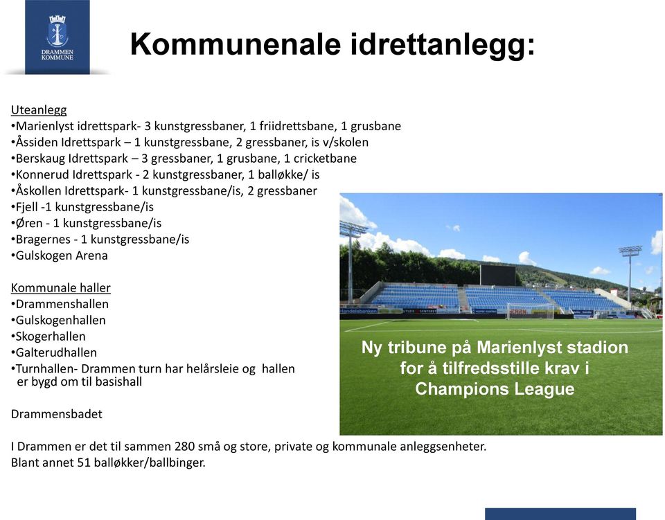 kunstgressbane/is Bragernes - 1 kunstgressbane/is Gulskogen Arena Kommunale haller Drammenshallen Gulskogenhallen Skogerhallen Galterudhallen Turnhallen- Drammen turn har helårsleie og hallen er bygd