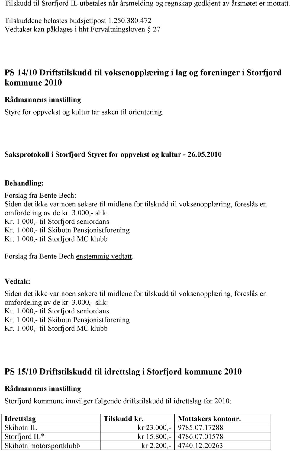 Forslag fra Bente Bech: Siden det ikke var noen søkere til midlene for tilskudd til voksenopplæring, foreslås en omfordeling av de kr. 3.000,- slik: Kr. 1.000,- til Storfjord seniordans Kr. 1.000,- til Skibotn Pensjonistforening Kr.