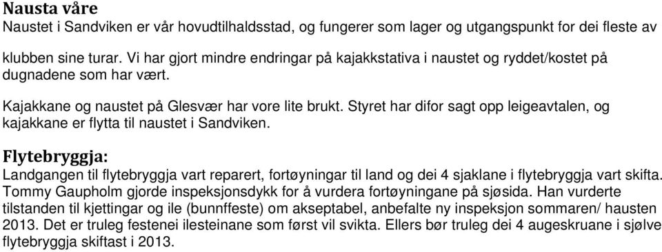 Styret har difor sagt opp leigeavtalen, og kajakkane er flytta til naustet i Sandviken.