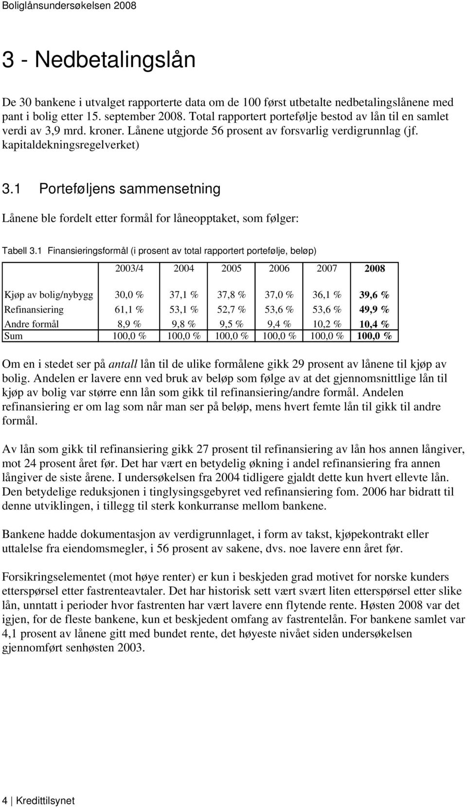 1 Porteføljens sammensetning Lånene ble fordelt etter formål for låneopptaket, som følger: Tabell 3.