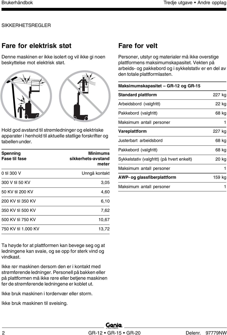 Maksimumskapasitet GR-12 og GR-15 Standard plattform Arbeidsbord (valgfritt) Pakkebord (valgfritt) 227 kg 22 kg 68 kg Hold god avstand til strømledninger og elektriske apparater i henhold til