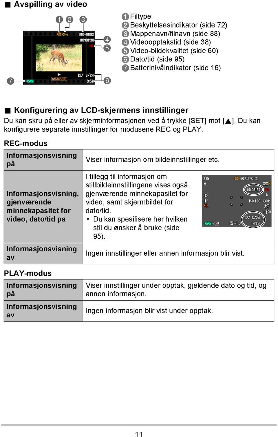 REC-modus Informasjonsvisning på Informasjonsvisning, gjenværende minnekapasitet for video, dato/tid på Informasjonsvisning av PLAY-modus Informasjonsvisning på Informasjonsvisning av Viser