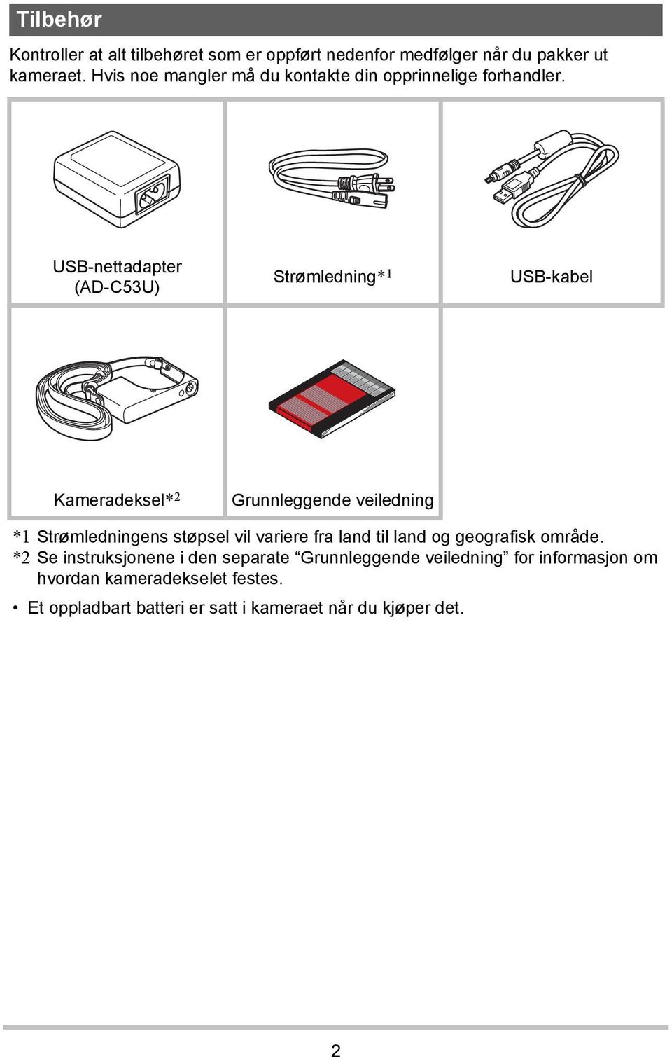USB-nettadapter (AD-C53U) Strømledning* 1 USB-kabel Kameradeksel* 2 Grunnleggende veiledning *1 Strømledningens støpsel vil