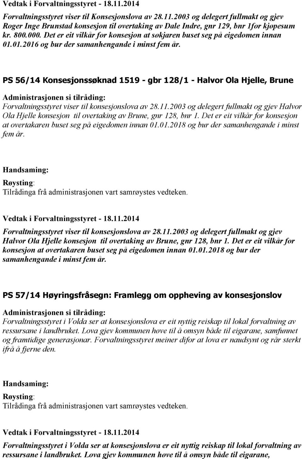 PS 56/14 Konsesjonssøknad 1519 - gbr 128/1 - Halvor Ola Hjelle, Brune Forvaltningsstyret viser til konsesjonslova av 28.11.