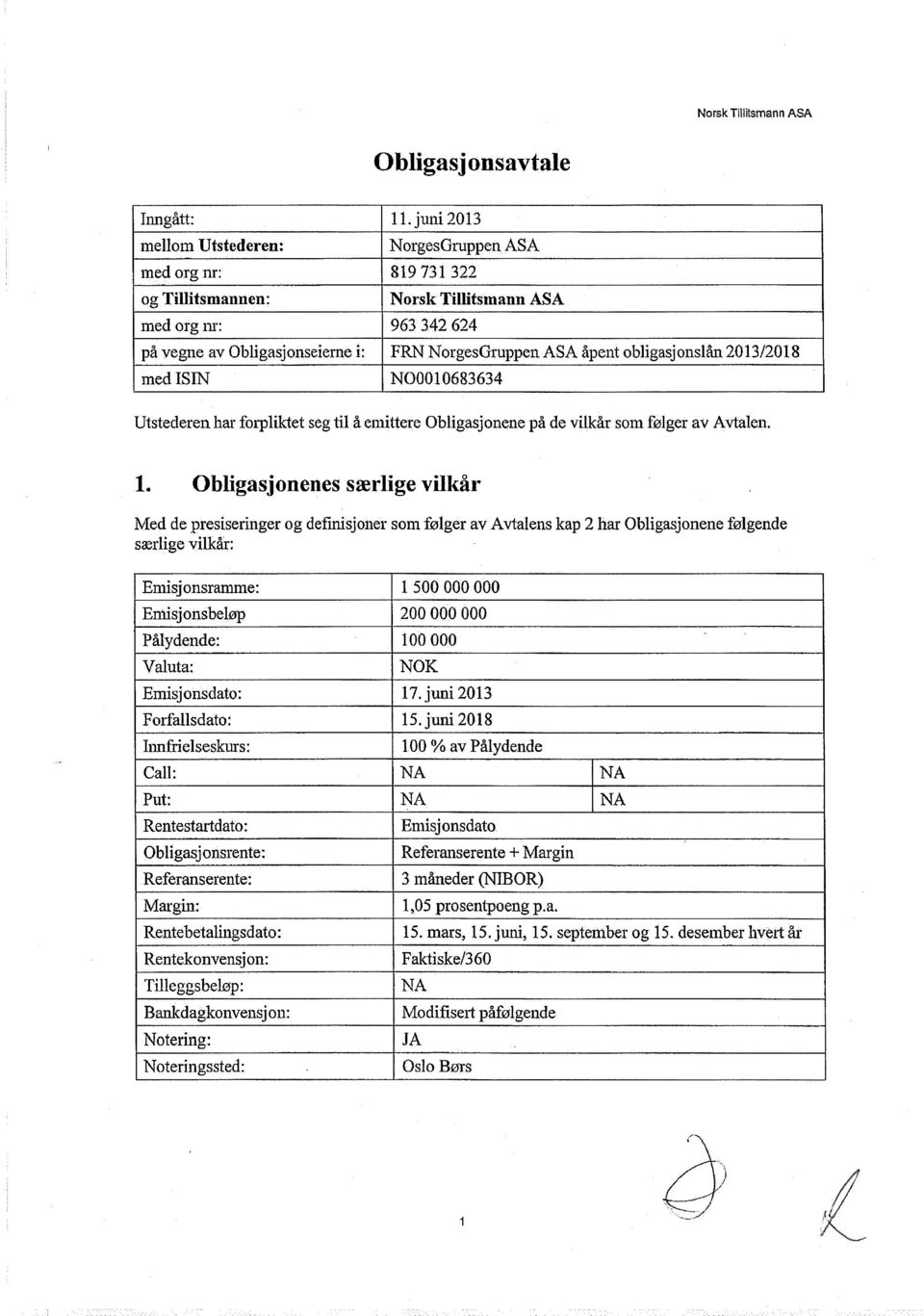 onslån 2013/2018 medisin NOOOI0683634 Utstederen har forpliktet seg til å emittere Obligasjonene på de vilkår som følger av Avtalen. 1.