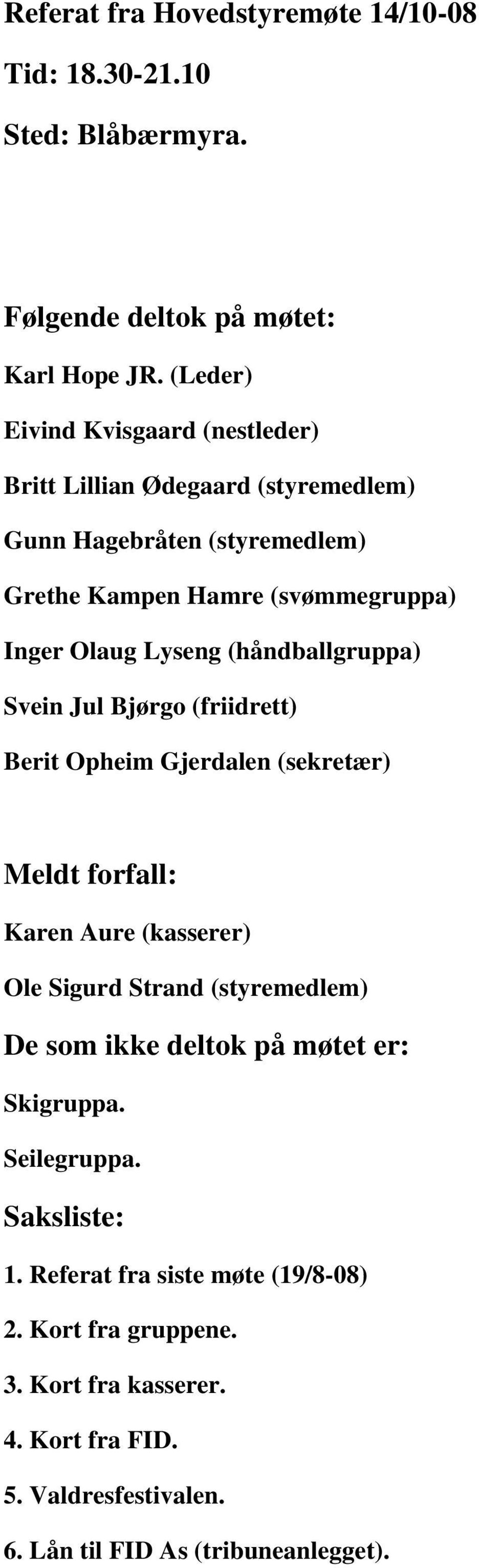 (håndballgruppa) Svein Jul Bjørgo (friidrett) Berit Opheim Gjerdalen (sekretær) Meldt forfall: Karen Aure (kasserer) Ole Sigurd Strand (styremedlem) De som